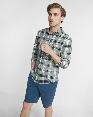 Grey Plaid Long Sleeve Shirt Outfits For Men: Go for a simple but at the same time casually stylish choice by putting together a grey plaid long sleeve shirt and teal shorts.