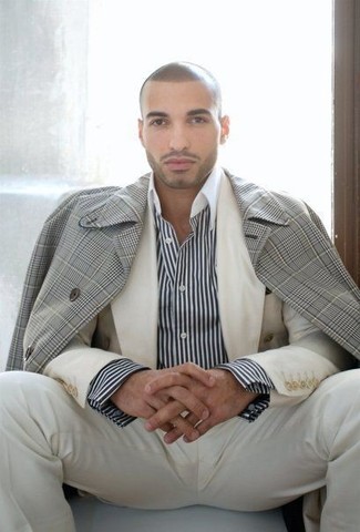 Men's Grey Plaid Overcoat, White Suit, White and Black Vertical Striped Dress Shirt