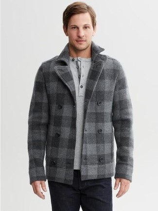 Men's Grey Plaid Pea Coat, Grey Henley Shirt, Charcoal Jeans