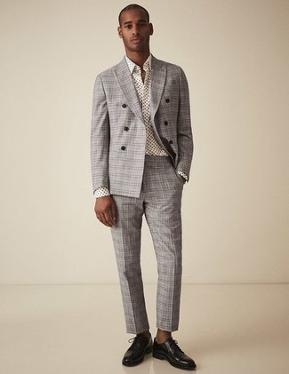 White and Navy Polka Dot Dress Shirt Outfits For Men: This combination of a white and navy polka dot dress shirt and a grey plaid suit is incredibly stylish and creates instant appeal. Complement your getup with black leather derby shoes et voila, the outfit is complete.