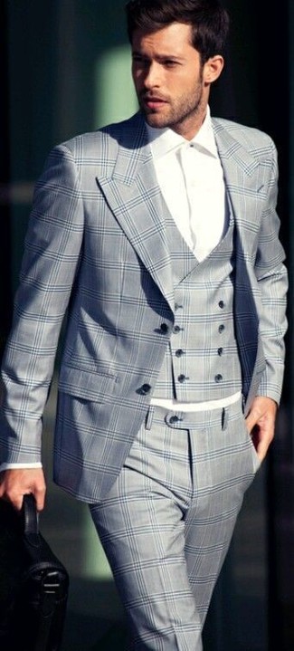 Grey Plaid Three Piece Suit Outfits: This combination of a grey plaid three piece suit and a white dress shirt is the embodiment of masculine refinement.