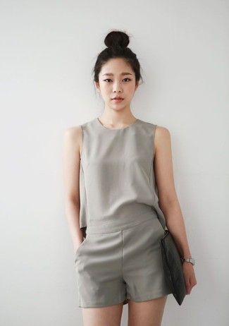 Dress in a grey playsuit to achieve a stylish and current laid-back ensemble.