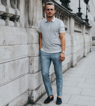 Charcoal Polo Outfits For Men: Putting together a charcoal polo and light blue dress pants is a fail-safe way to infuse a sophisticated touch into your wardrobe. If you need to instantly smarten up this ensemble with a pair of shoes, complement your look with a pair of black suede tassel loafers.