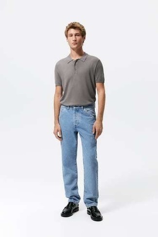 Men's Grey Polo, Light Blue Jeans, Black Leather Loafers