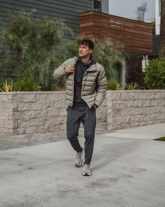 Charcoal Track Suit Outfits For Men: Reach for a charcoal track suit and a grey puffer jacket to feel confident and look trendy. And if you need to easily dial down this outfit with footwear, why not opt for a pair of brown athletic shoes?
