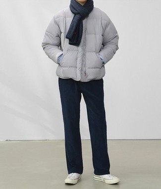 Navy Scarf Outfits For Men: Wear a grey puffer jacket with a navy scarf if you're after an outfit idea for when you want to look casually dapper. White canvas low top sneakers are an easy way to transform this getup.