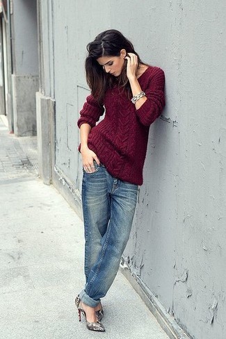 Burgundy Cable Sweater Outfits For Women: 