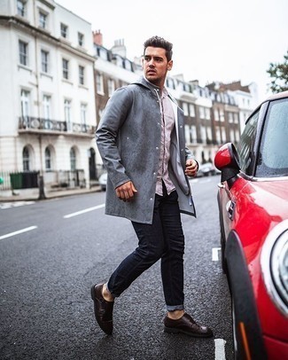 Grey Raincoat Outfits For Men: Try teaming a grey raincoat with navy jeans to feel 100% confident and look casually cool. Amp up your whole look by finishing with a pair of dark brown leather double monks.