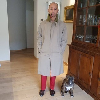 Men's Grey Raincoat, Red Dress Pants, Dark Brown Leather Tassel Loafers, Dark Brown Socks
