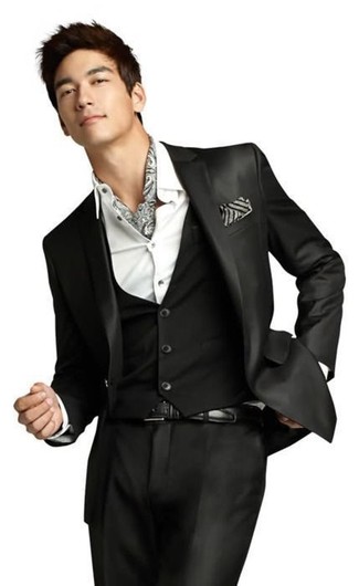 Men's Black Leather Belt, Grey Print Scarf, White Dress Shirt, Black Three Piece Suit