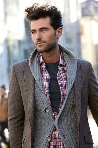 A grey shawl cardigan and a brown wool blazer married together are a wonderful match.
