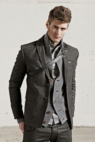 Men's Grey Shawl Cardigan, Charcoal Wool Blazer, Grey Long Sleeve Shirt, Charcoal Jeans