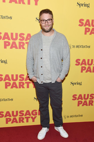 Seth Rogen wearing Grey Shawl Cardigan, Grey Crew-neck T-shirt, Charcoal Chinos, White Leather Low Top Sneakers