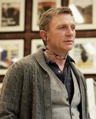 Daniel Craig wearing Grey Shawl Cardigan, Grey Wool Waistcoat, Black Long Sleeve Shirt