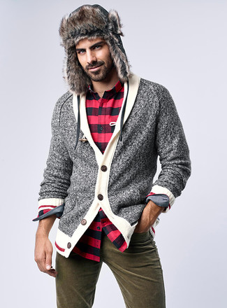 Men's Grey Shawl Cardigan, Red and Black Check Flannel Long Sleeve Shirt, Olive Jeans