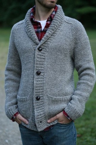 Men's Grey Knit Shawl Cardigan, White and Red and Navy Plaid Long Sleeve Shirt, White Crew-neck T-shirt, Blue Jeans