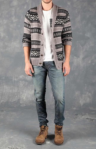 Men's Grey Fair Isle Shawl Cardigan, White Crew-neck T-shirt, Blue Jeans, Brown Suede Casual Boots