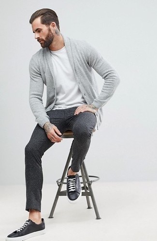 Men's Grey Shawl Cardigan, White Crew-neck T-shirt, Charcoal Wool Dress Pants, Black Leather Low Top Sneakers