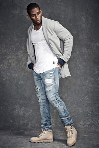 Victor Cruz wearing Grey Shawl Cardigan, White Crew-neck T-shirt, Light Blue Ripped Jeans, Beige Leather Casual Boots