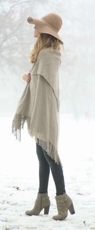 Women's Grey Shawl, Charcoal Skinny Jeans, Grey Suede Ankle Boots, Khaki Wool Hat