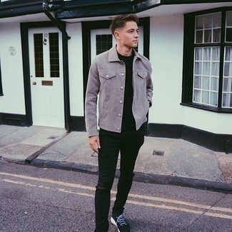 Grey Suede Shirt Jacket Outfits For Men: A grey suede shirt jacket and black ripped skinny jeans are both versatile menswear essentials that will integrate perfectly within your casual fashion mix. Black athletic shoes will easily play down an all-too-refined getup.