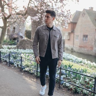 Grey Suede Shirt Jacket Outfits For Men: This combo of a grey suede shirt jacket and navy chinos makes for the perfect base for a casually sleek ensemble. Rounding off with white athletic shoes is an effortless way to add a more casual finish to your ensemble.