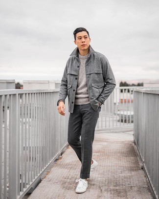 Grey Wool Chinos Outfits: For an outfit that's city-style-worthy and casually classic, try teaming a grey wool shirt jacket with grey wool chinos. With footwear, go for something on the casual end of the spectrum by rocking a pair of white leather low top sneakers.