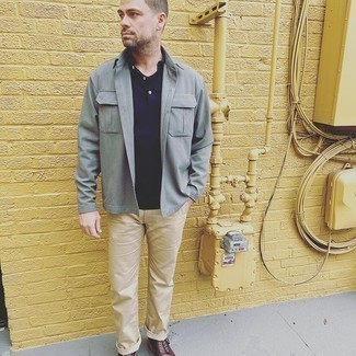 Tobacco Leather Casual Boots Outfits For Men: This pairing of a grey shirt jacket and beige chinos is hard proof that a straightforward outfit can still be really interesting. Complement this getup with a pair of tobacco leather casual boots et voila, your ensemble is complete.