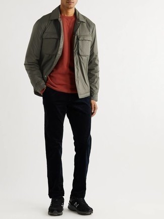 Red Sweatshirt Outfits For Men: When comfort is a must, this combination of a red sweatshirt and navy chinos is always a winner. And it's amazing what black and white athletic shoes can do for the look.