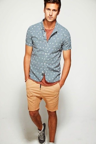 Charcoal Short Sleeve Shirt Outfits For Men: A charcoal short sleeve shirt and tan shorts are absolute menswear must-haves that will integrate really well within your off-duty fashion mix. For something more on the daring side to finish off this getup, introduce charcoal high top sneakers to the equation.