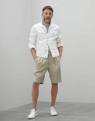 Men's White Canvas Low Top Sneakers, Grey Shorts, Grey Crew-neck T-shirt, White Denim Jacket