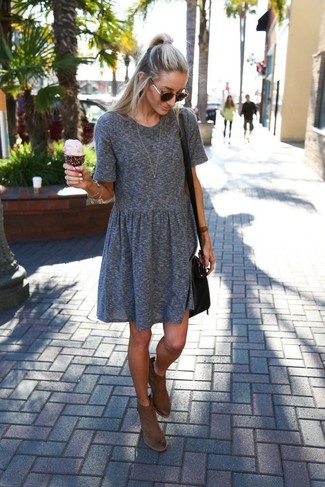 Women's Grey Skater Dress, Brown Leather Ankle Boots, Black Leather Crossbody Bag