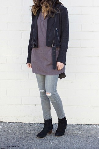 Women's Black Suede Ankle Boots, Grey Ripped Skinny Jeans, Charcoal Tunic, Black Suede Biker Jacket
