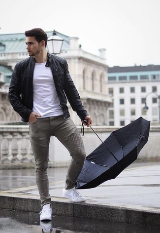Men's White Leather Low Top Sneakers, Grey Ripped Skinny Jeans, White Crew-neck T-shirt, Black Leather Bomber Jacket
