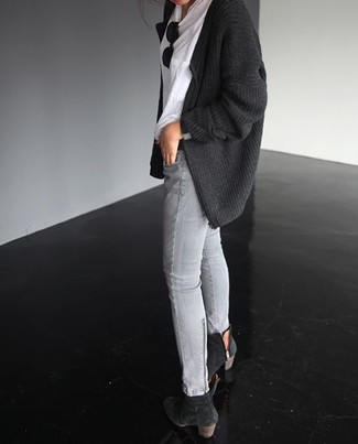 Women's Black Suede Ankle Boots, Grey Skinny Jeans, White Crew-neck T-shirt, Charcoal Knit Open Cardigan