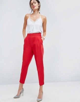 Women's Grey Suede Pumps, Red Tapered Pants, White Silk Tank