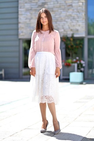 Women's Grey Suede Pumps, White Pleated Lace Midi Skirt, Pink Long Sleeve Blouse