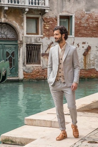 Men's Grey Suit, Beige Sweater Vest, Beige Long Sleeve Shirt, Tan Leather Sandals
