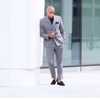 Grey Check Suit Outfits: A grey check suit and a black crew-neck t-shirt are absolute staples if you're figuring out a classic and casual wardrobe that matches up to the highest sartorial standards. To bring a bit of classiness to this getup, complete your look with a pair of black suede loafers.