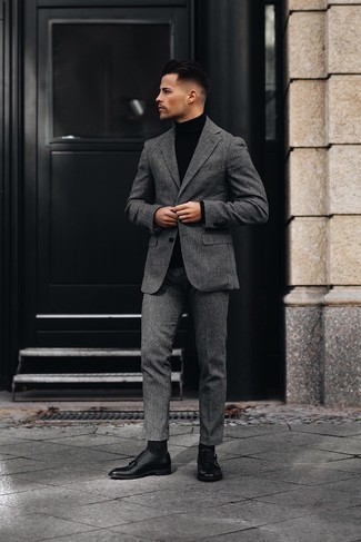 Men's Grey Wool Suit, Black Turtleneck, Black Leather Double Monks, Black Socks