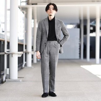 Men's Grey Plaid Wool Suit, Black Turtleneck, Black Suede Tassel Loafers, Violet Socks