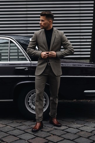 Men's Grey Check Suit, Black Turtleneck, Brown Leather Chelsea Boots, Black Leather Belt