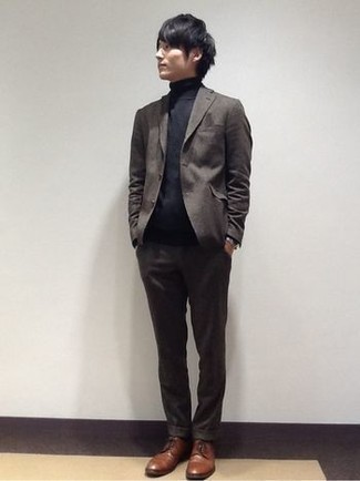 Men's Grey Suit, Black Turtleneck, Brown Leather Derby Shoes, Silver Watch