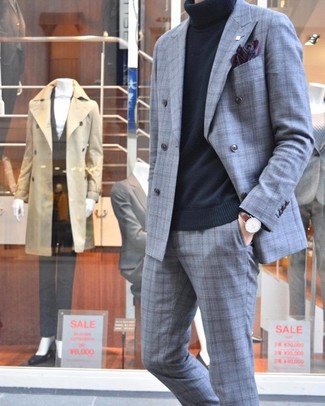 Light Violet Pocket Square Outfits: This combination of a grey plaid suit and a light violet pocket square is a safe bet for a devastatingly stylish outfit.