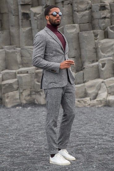 Men s Grey Wool Suit Burgundy Turtleneck White Leather Low Top Sneakers Black Sunglasses Lookastic