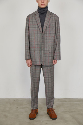 Grey Plaid Suit Outfits: This combo of a grey plaid suit and a charcoal turtleneck will add casually neat essence to your outfit. You can take a more casual approach with footwear and complement your look with tobacco suede low top sneakers.
