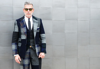 Nick Wooster wearing Grey Plaid Wool Suit, Charcoal Wool Waistcoat, White Dress Shirt, Charcoal Tie