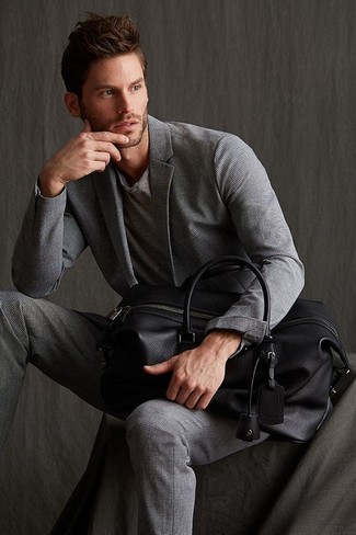 Men's Grey Suit, Grey Crew-neck T-shirt, Black Leather Holdall