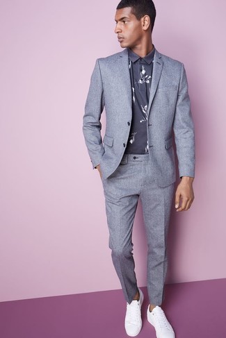 Men's Grey Suit, Grey Floral Polo, White Leather Low Top Sneakers