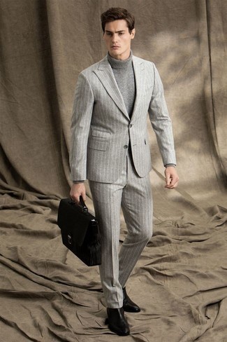 Men's Grey Vertical Striped Suit, Grey Wool Turtleneck, Black Leather Chelsea Boots, Black Leather Briefcase